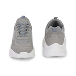 This is a Men grey and white Faux Leather Casual sneaker with a white heel and lace-up design, offering a sleek and modern look.