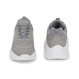 This is a Men grey and white Faux Leather Casual sneaker with a white heel and lace-up design, offering a sleek and modern look.