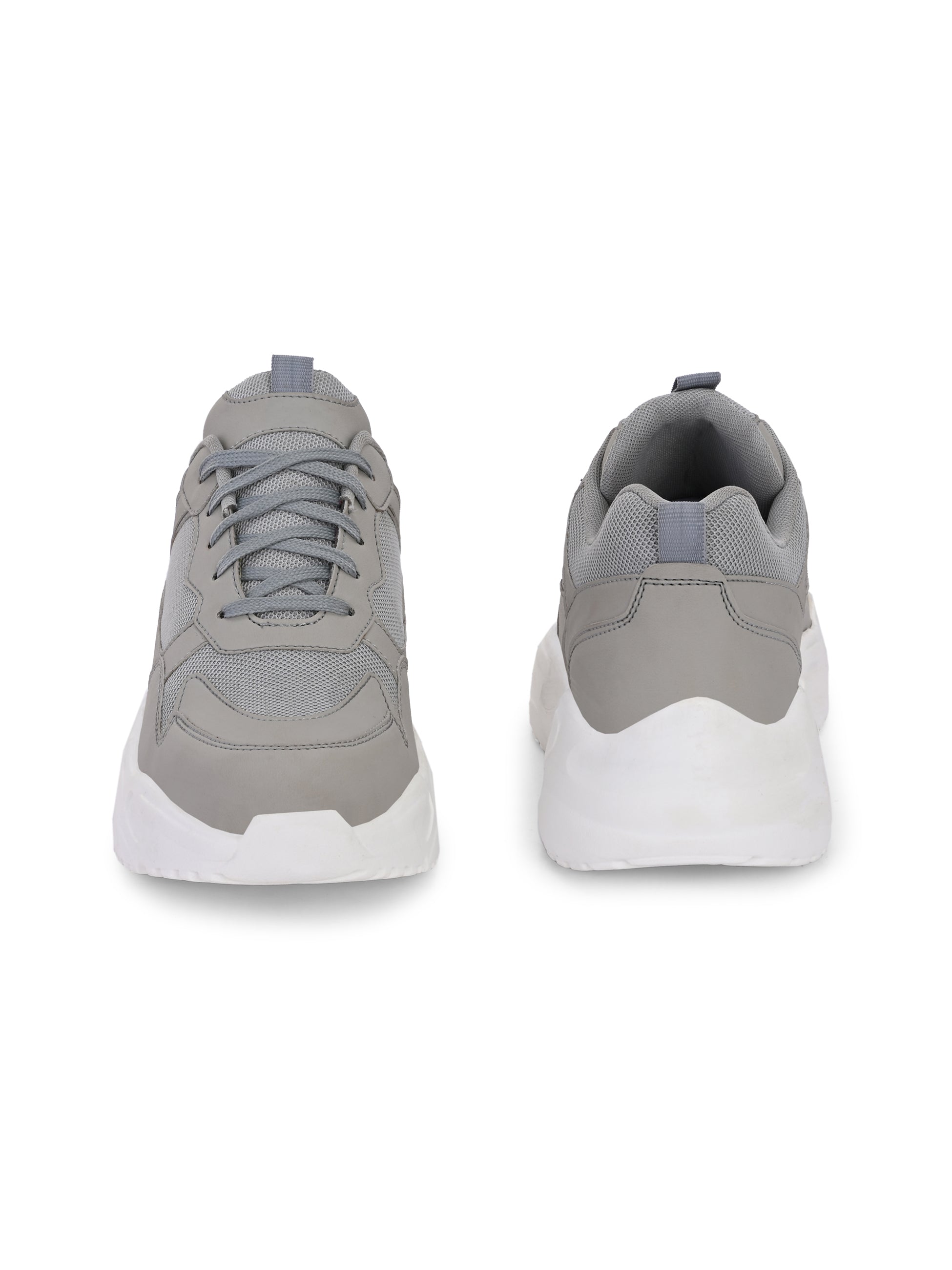 This is a Men grey and white Faux Leather Casual sneaker with a white heel and lace-up design, offering a sleek and modern look.