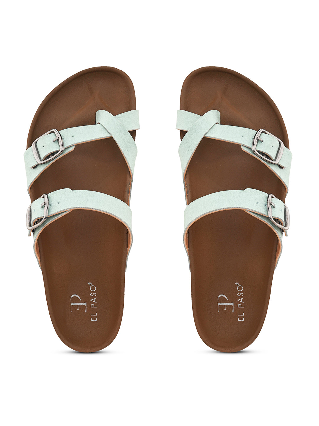Women’s one-toe flats with a cork sole, silver buckles, and a casual slip-on design.