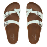 Women’s one-toe flats with a cork sole, silver buckles, and a casual slip-on design.
