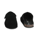Black suede slip-on clog with a black rubber sole and adjustable strap.