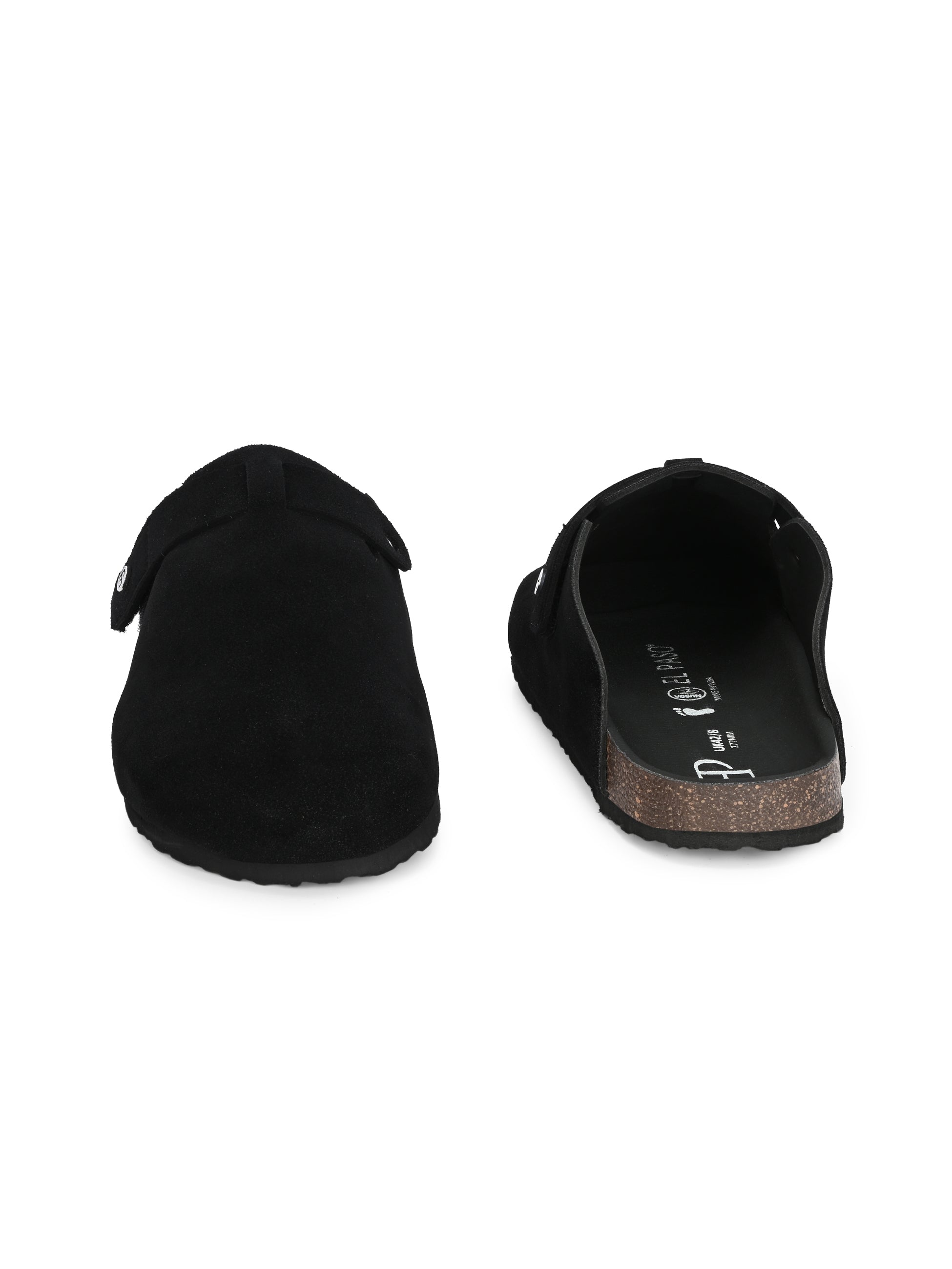 Black suede slip-on clog with a black rubber sole and adjustable strap.