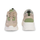 Beige and green chunky casual sneakers for women with a textured sole and modern design.