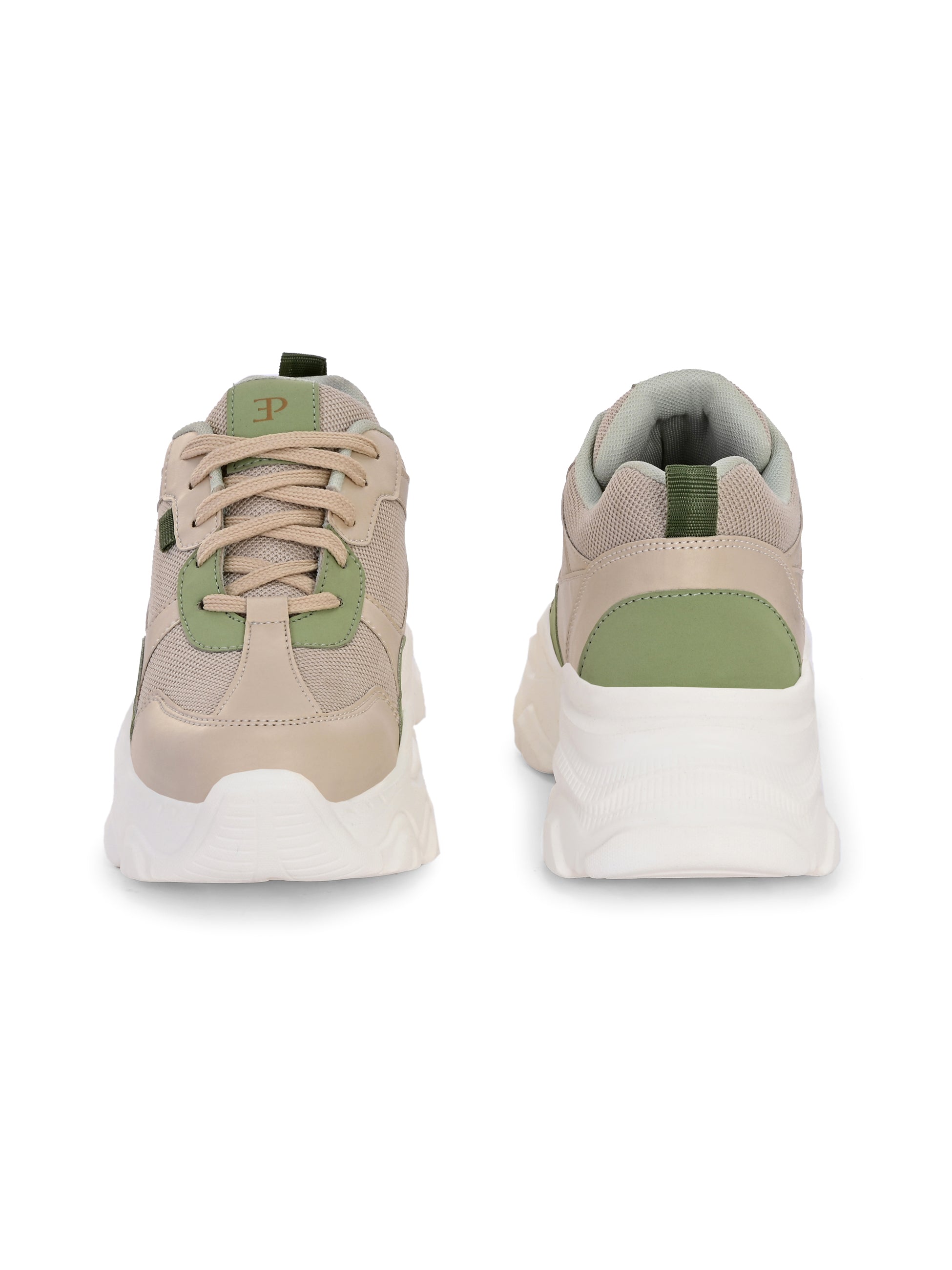 Beige and green chunky casual sneakers for women with a textured sole and modern design.