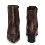 brown textured ankle boots with a sleek snakeskin pattern and a block heel design