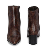 brown textured ankle boots with a sleek snakeskin pattern and a block heel design