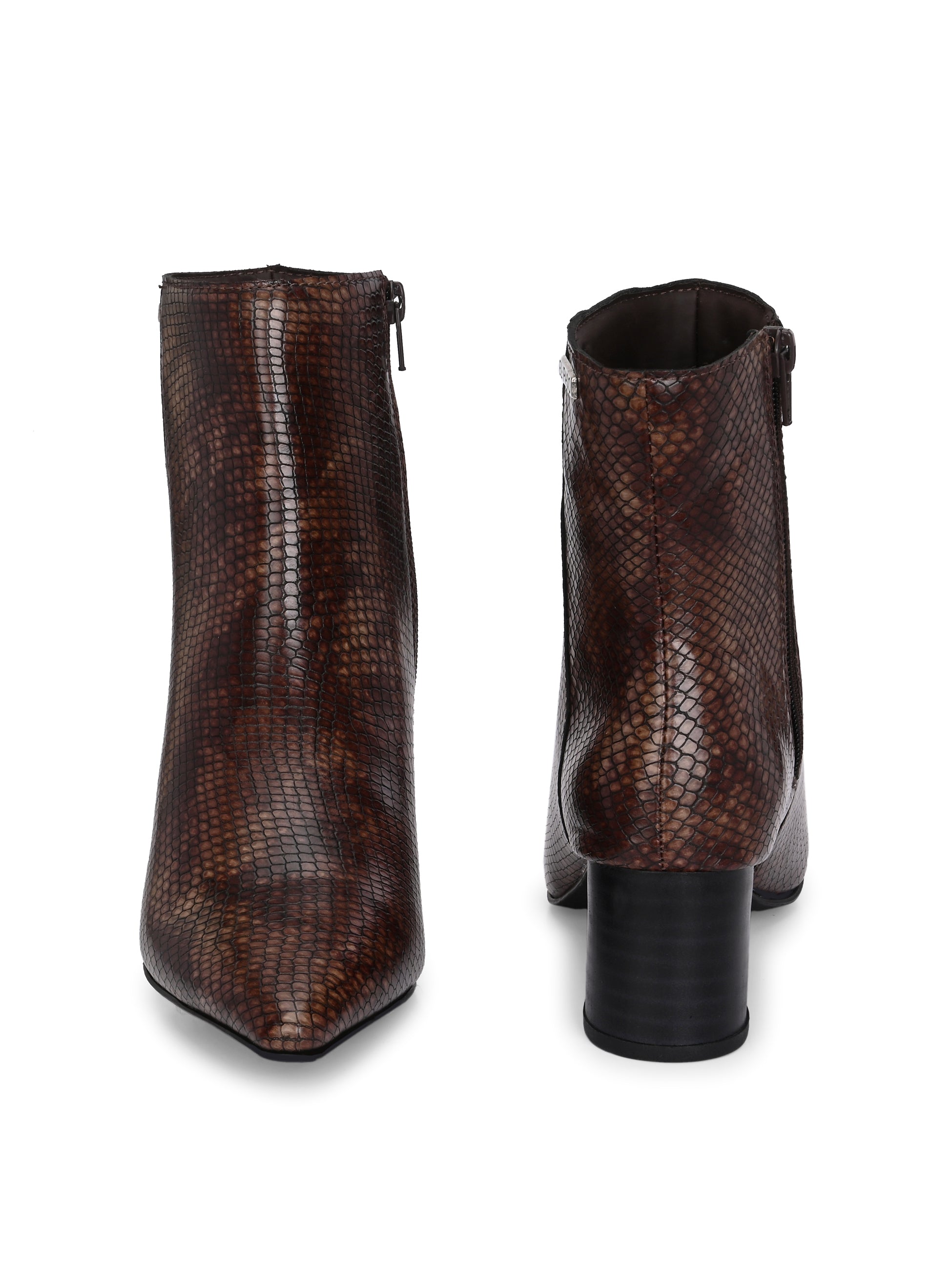 brown textured ankle boots with a sleek snakeskin pattern and a block heel design