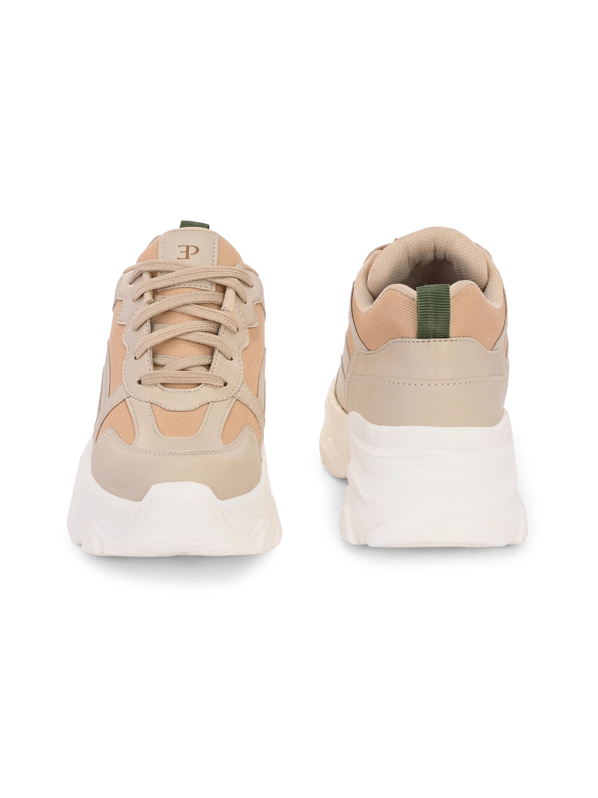 Beige chunky sneakers with a textured sole and mesh accents.