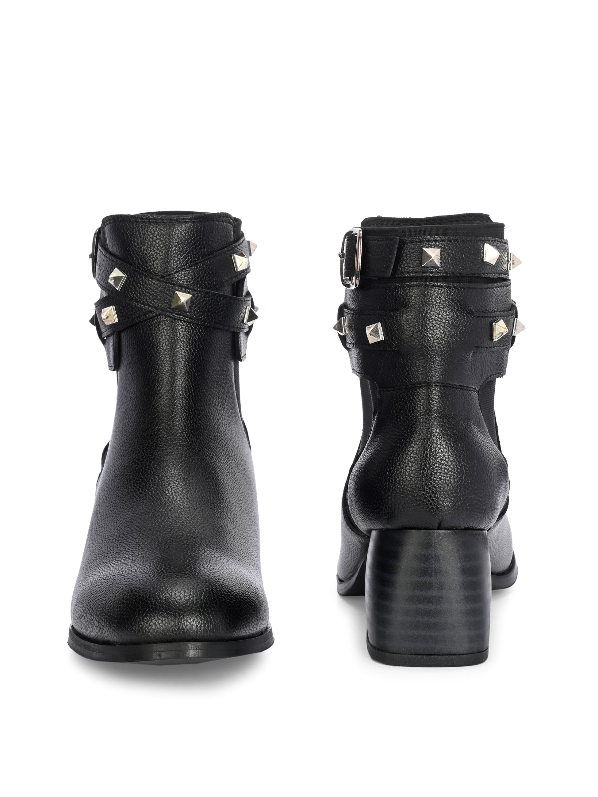 Black leather ankle boots with studded straps and a buckle design.
