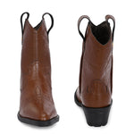 Tan ankle boots with intricate decorative stitching, featuring a slip-on design.