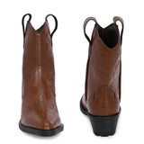 Tan ankle boots with intricate decorative stitching, featuring a slip-on design.