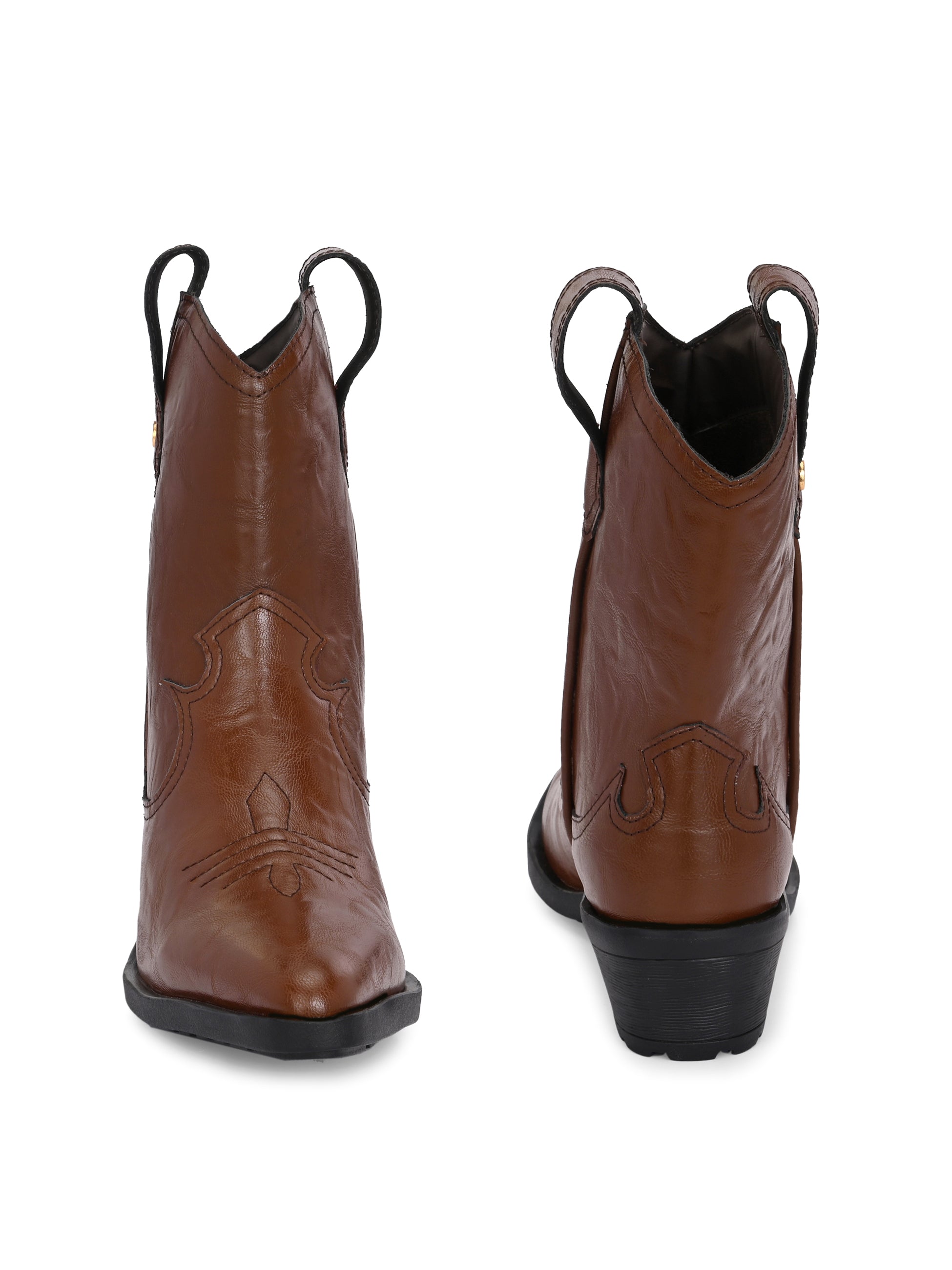 Tan ankle boots with intricate decorative stitching, featuring a slip-on design.