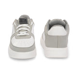 A white and grey sneaker featuring a sleek design and a clean white sole, perfect for casual wear.