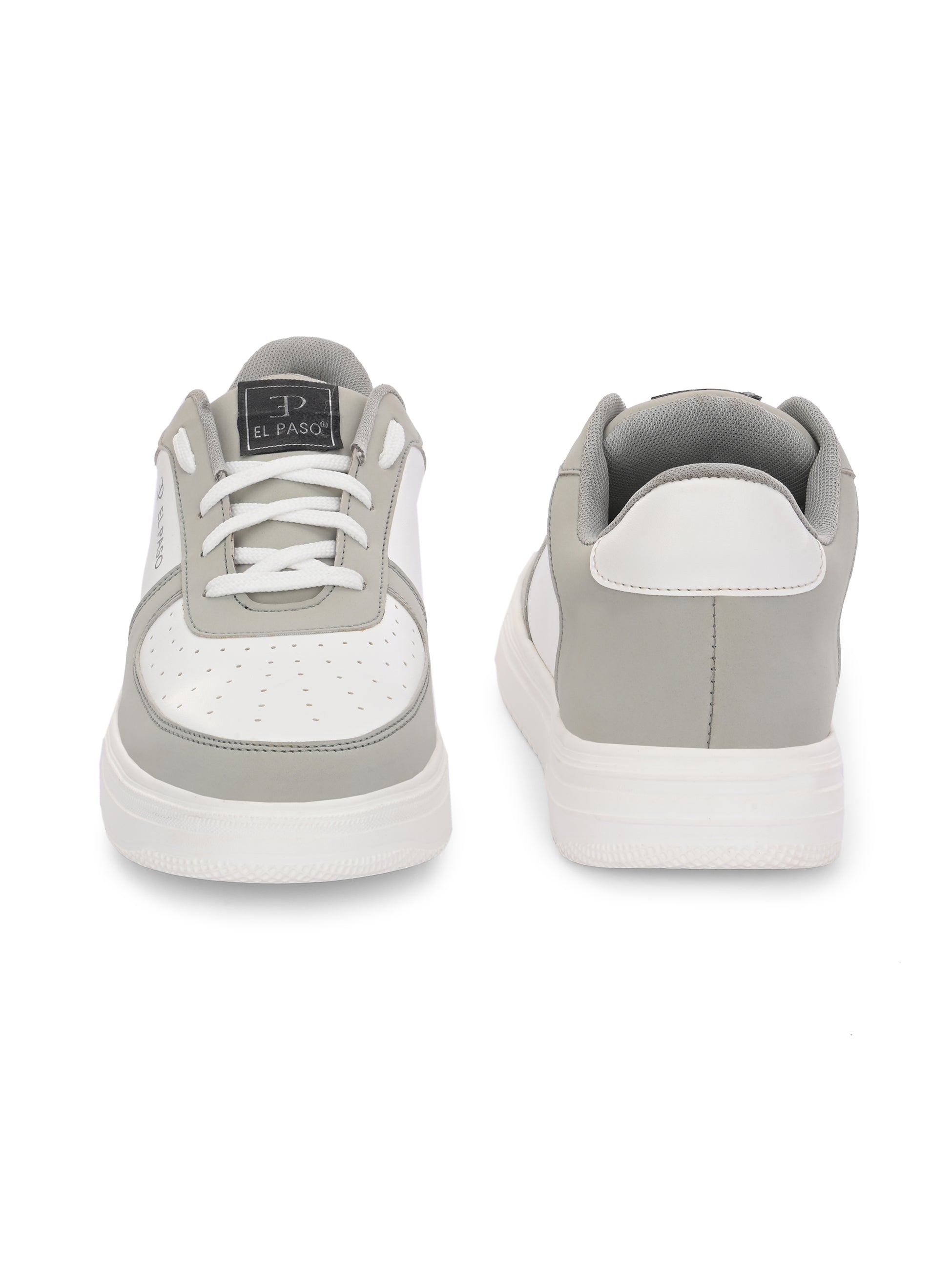 A white and grey sneaker featuring a sleek design and a clean white sole, perfect for casual wear.