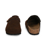 Brown suede slip-on clog with a black rubber sole and adjustable strap.