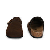 Brown suede slip-on clog with a black rubber sole and adjustable strap.