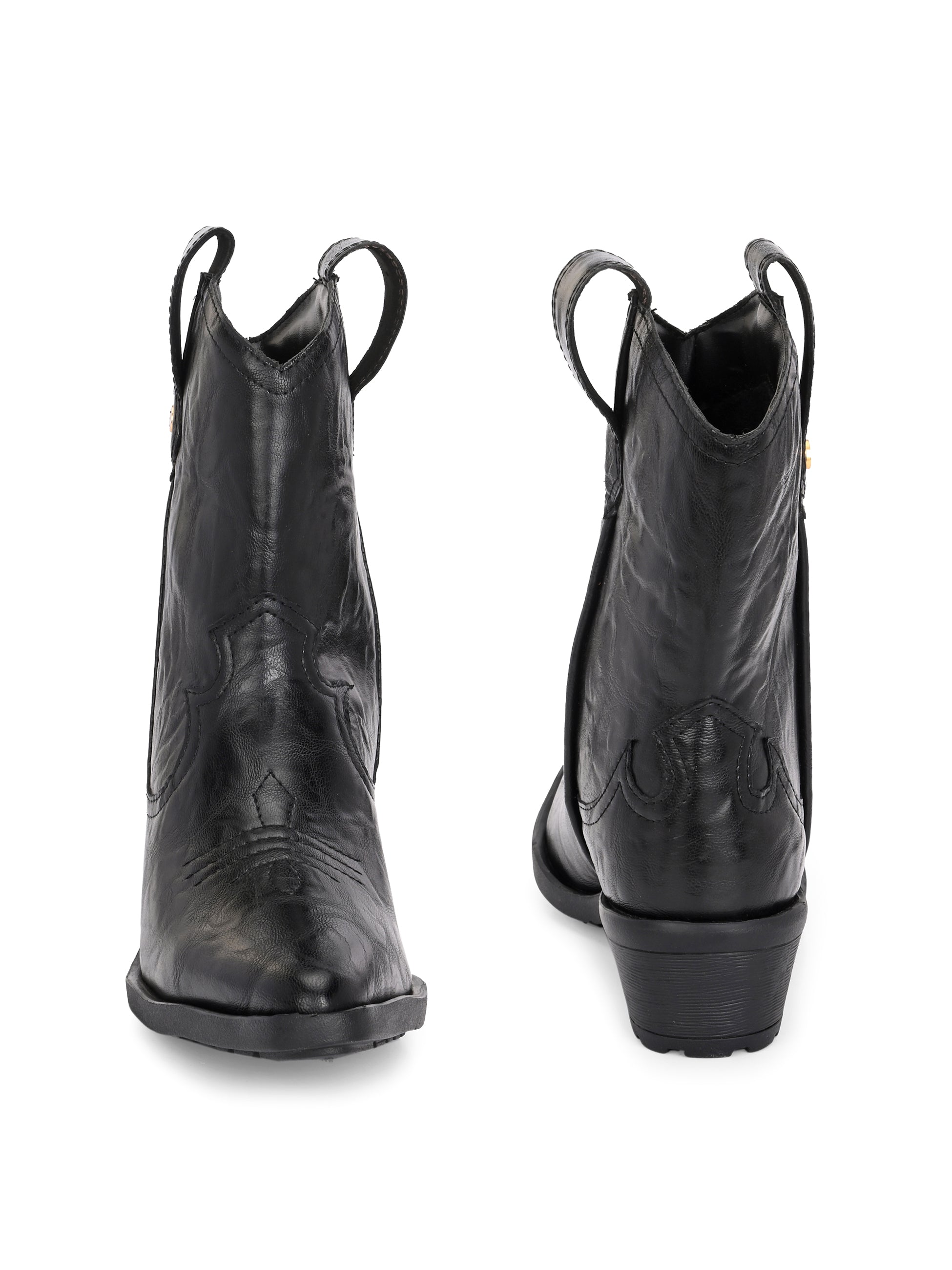 Black cowboy-style ankle boot with decorative stitching