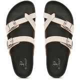 Pink cork-sole sandal with two adjustable straps featuring silver buckles and a casual slip-on design.