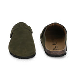 Olive suede slip-on clog with a black rubber sole and adjustable strap.