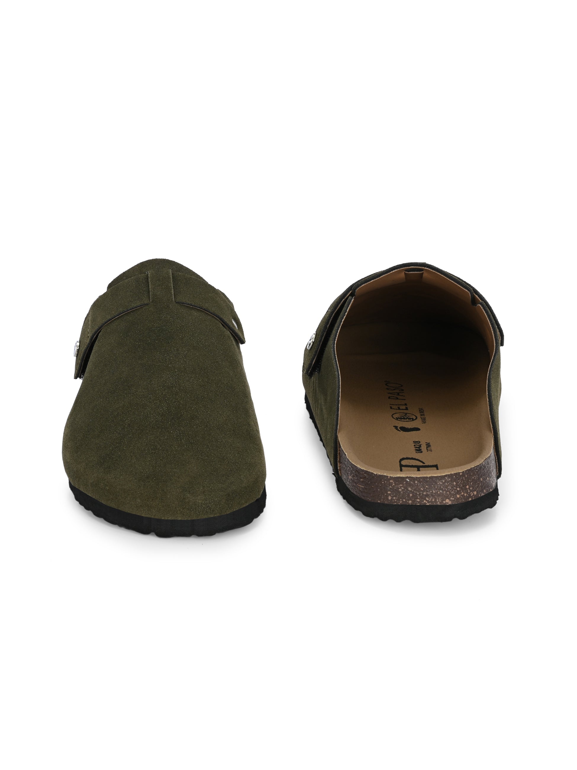 Olive suede slip-on clog with a black rubber sole and adjustable strap.