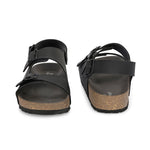 Black Men's casual flat heel buckle strap sandal with back strap closure