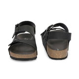 Black Men's casual flat heel buckle strap sandal with back strap closure