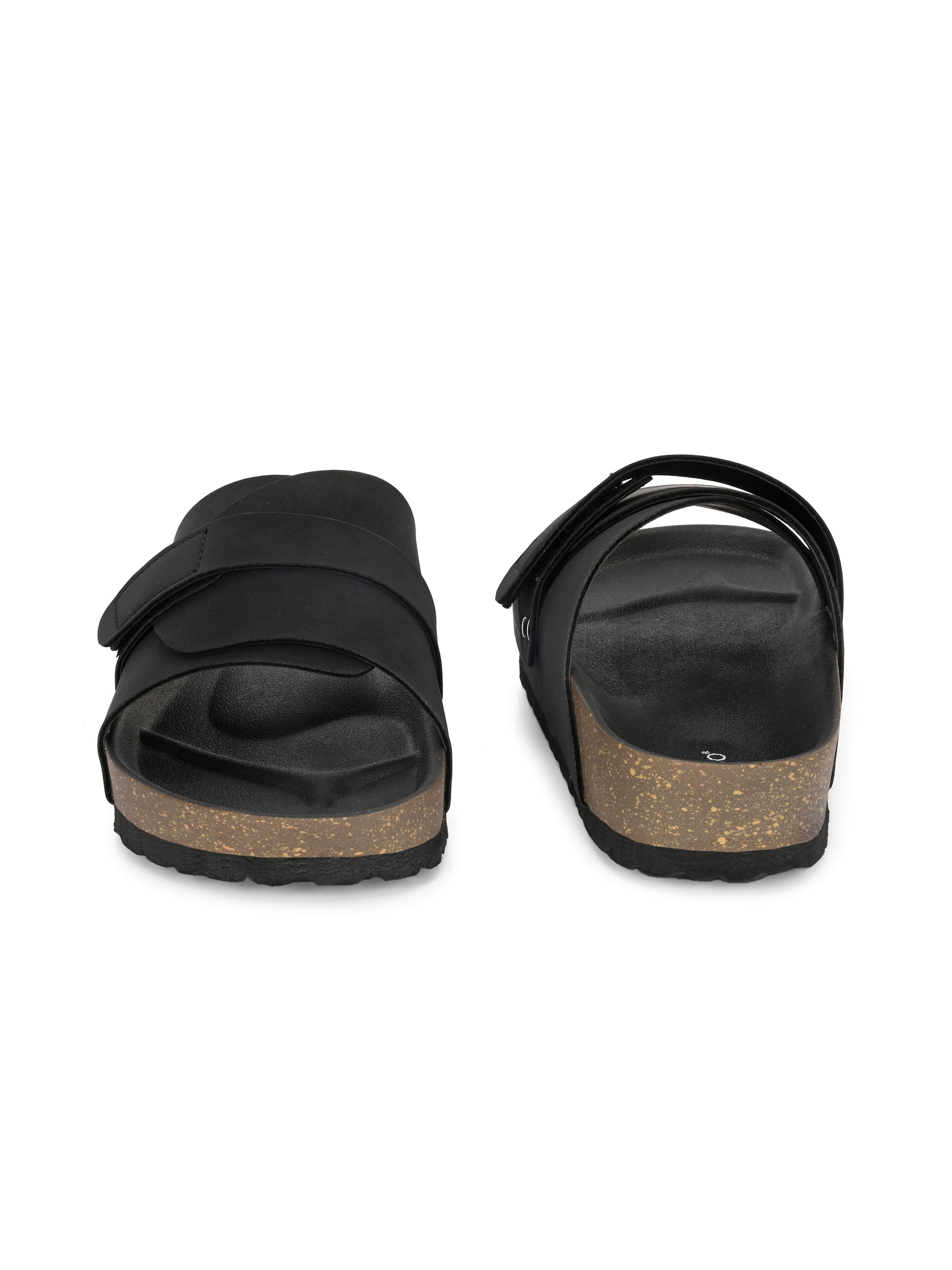 Black Men's casual flat heel strap sandal with slip-on closure