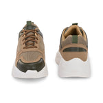A Sneaker in Beige color with green texture and brown lace-up