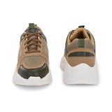A Sneaker in Beige color with green texture and brown lace-up