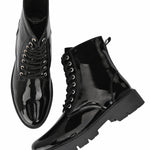 Shiny Black Lace-Up Block Heel Boots