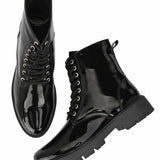 Shiny Black Lace-Up Block Heel Boots