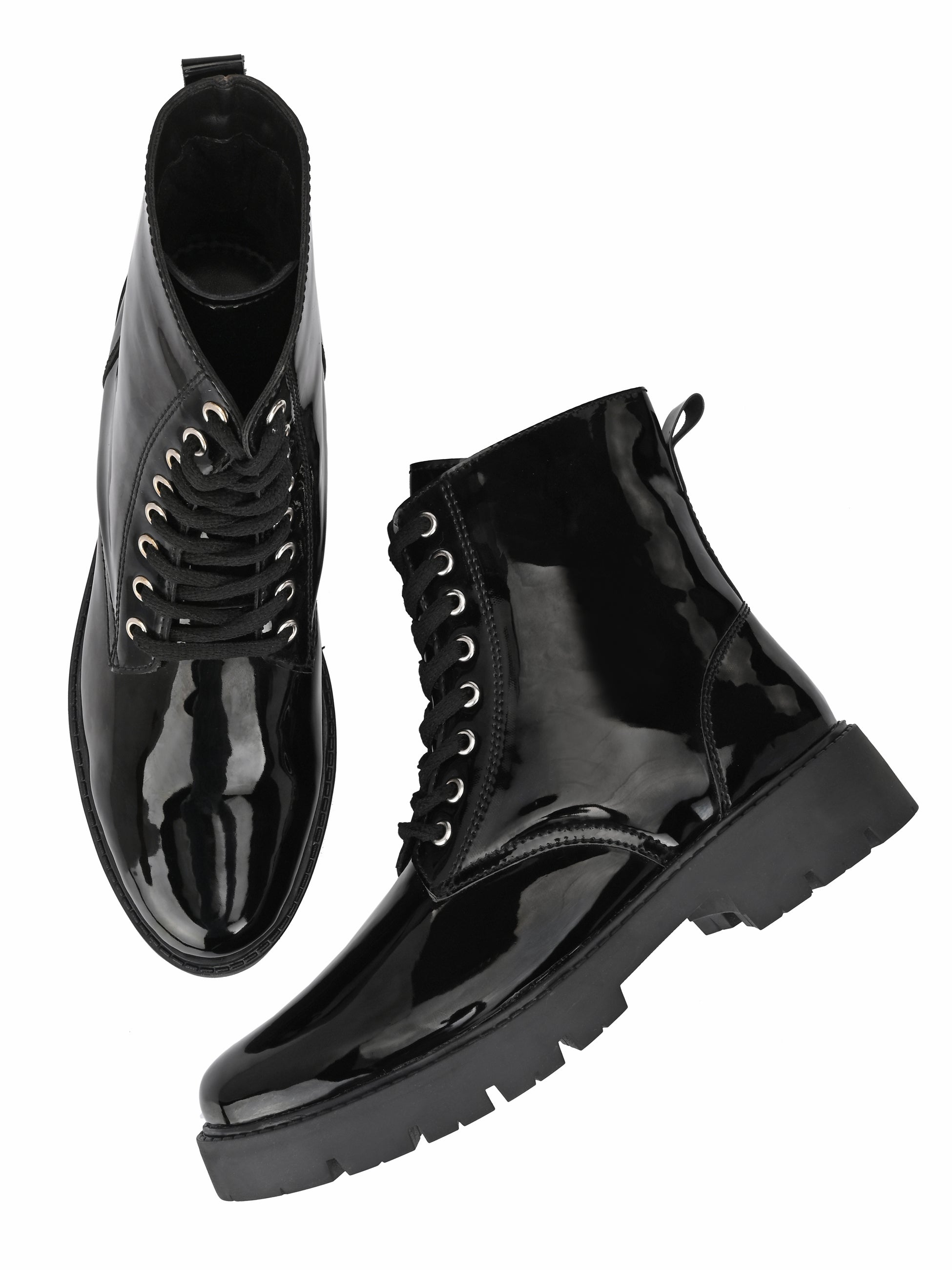 Shiny Black Lace-Up Block Heel Boots