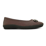 A brown woven-texture flat shoe with a round metal ornament on the toe and a black rubber sole.