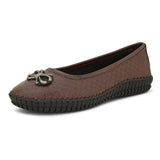 A brown woven-texture flat shoe with a round metal ornament on the toe and a black rubber sole.