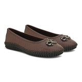 A brown Ballerina Flat with Bow for women, featuring a textured basket-weave upper, round toe, metallic bow detail, and a flexible black rubber outsole for comfort and casual wear.