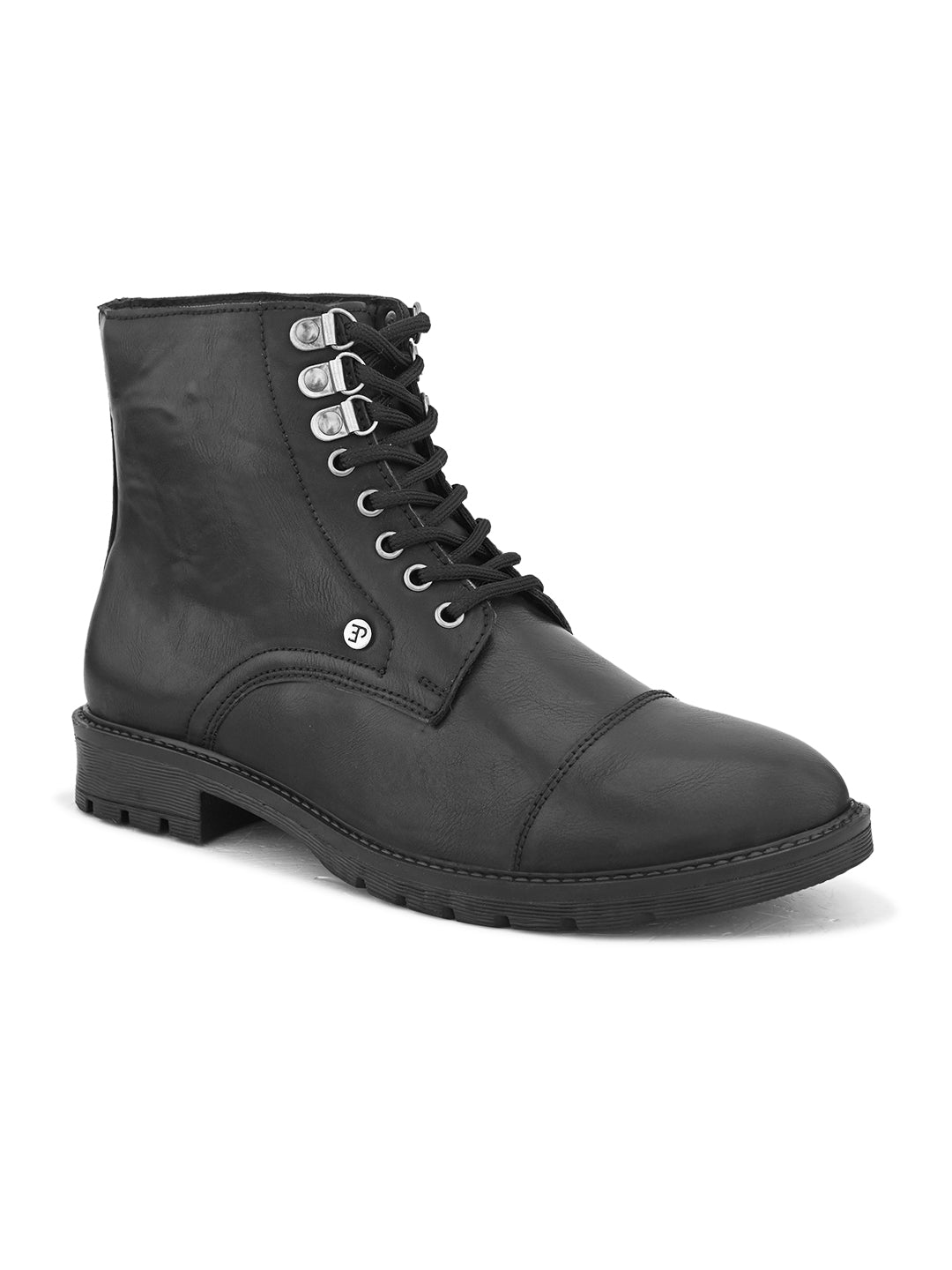 Faux Leather Casual boot with cap toe, silver eyelets, grooved rubber sole, and subtle brand logo near the ankle.