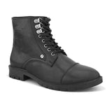 Faux Leather Casual boot with cap toe, silver eyelets, grooved rubber sole, and subtle brand logo near the ankle.