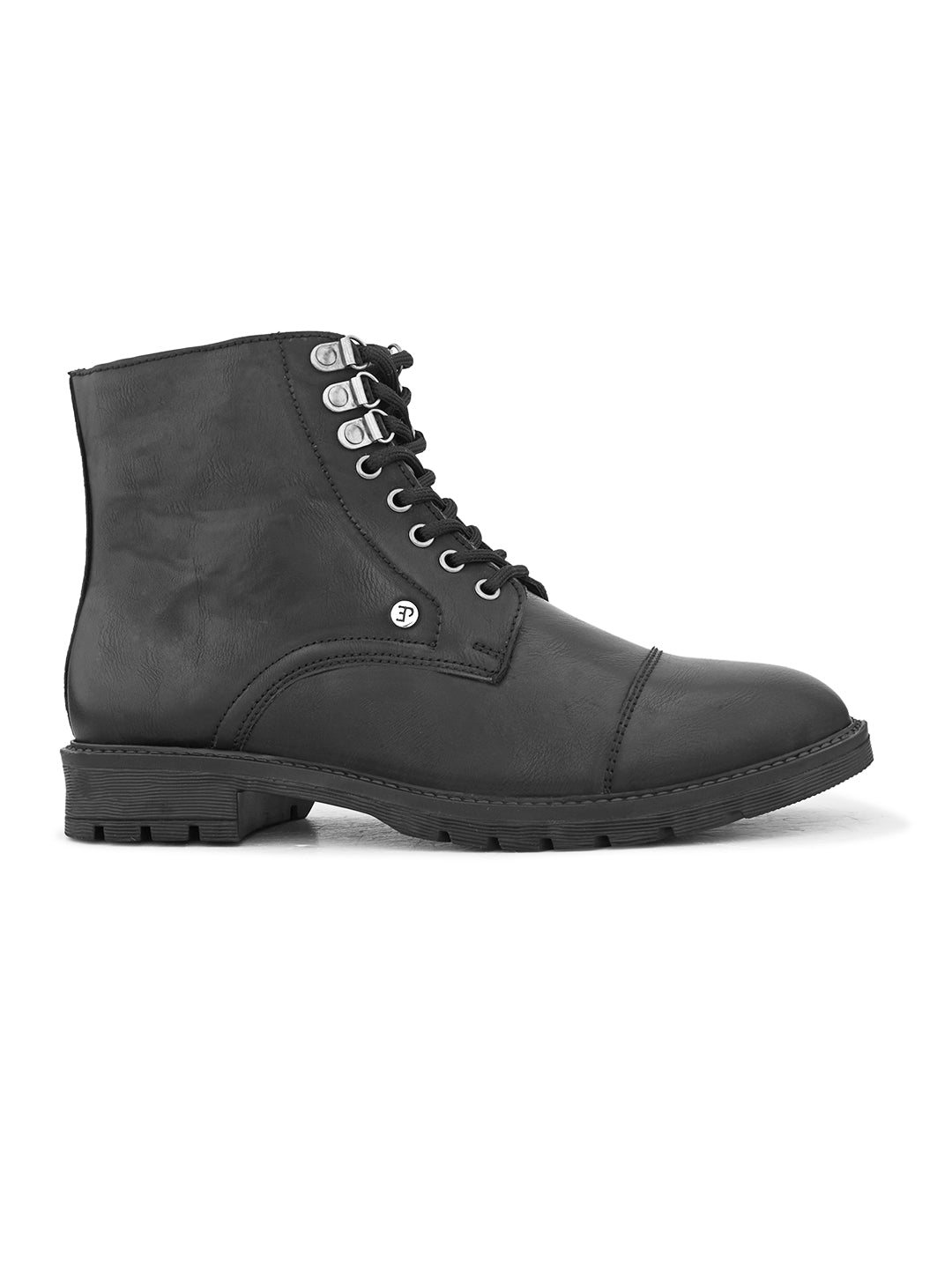 Faux Leather Casual boot with cap toe, silver eyelets, grooved rubber sole, and subtle brand logo near the ankle.