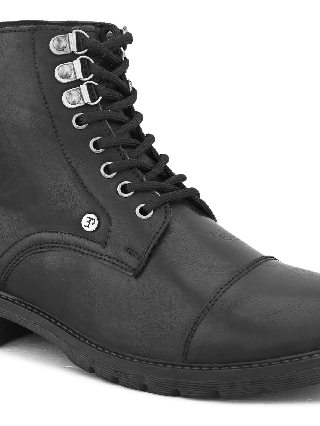 Faux Leather Casual boot with cap toe, silver eyelets, grooved rubber sole, and subtle brand logo near the ankle.
