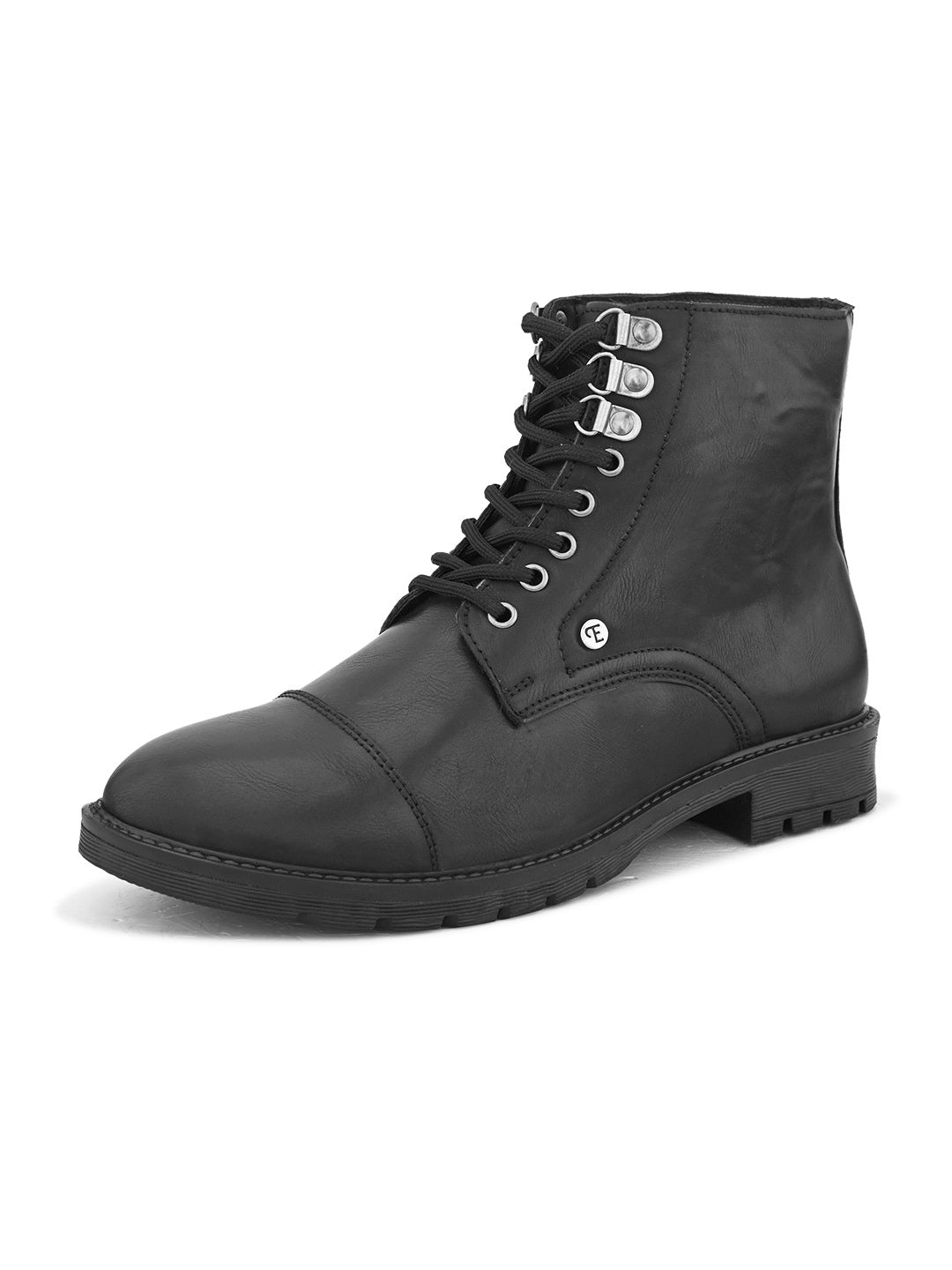 Faux Leather Casual boot with cap toe, silver eyelets, grooved rubber sole, and subtle brand logo near the ankle.