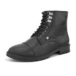 Faux Leather Casual boot with cap toe, silver eyelets, grooved rubber sole, and subtle brand logo near the ankle.