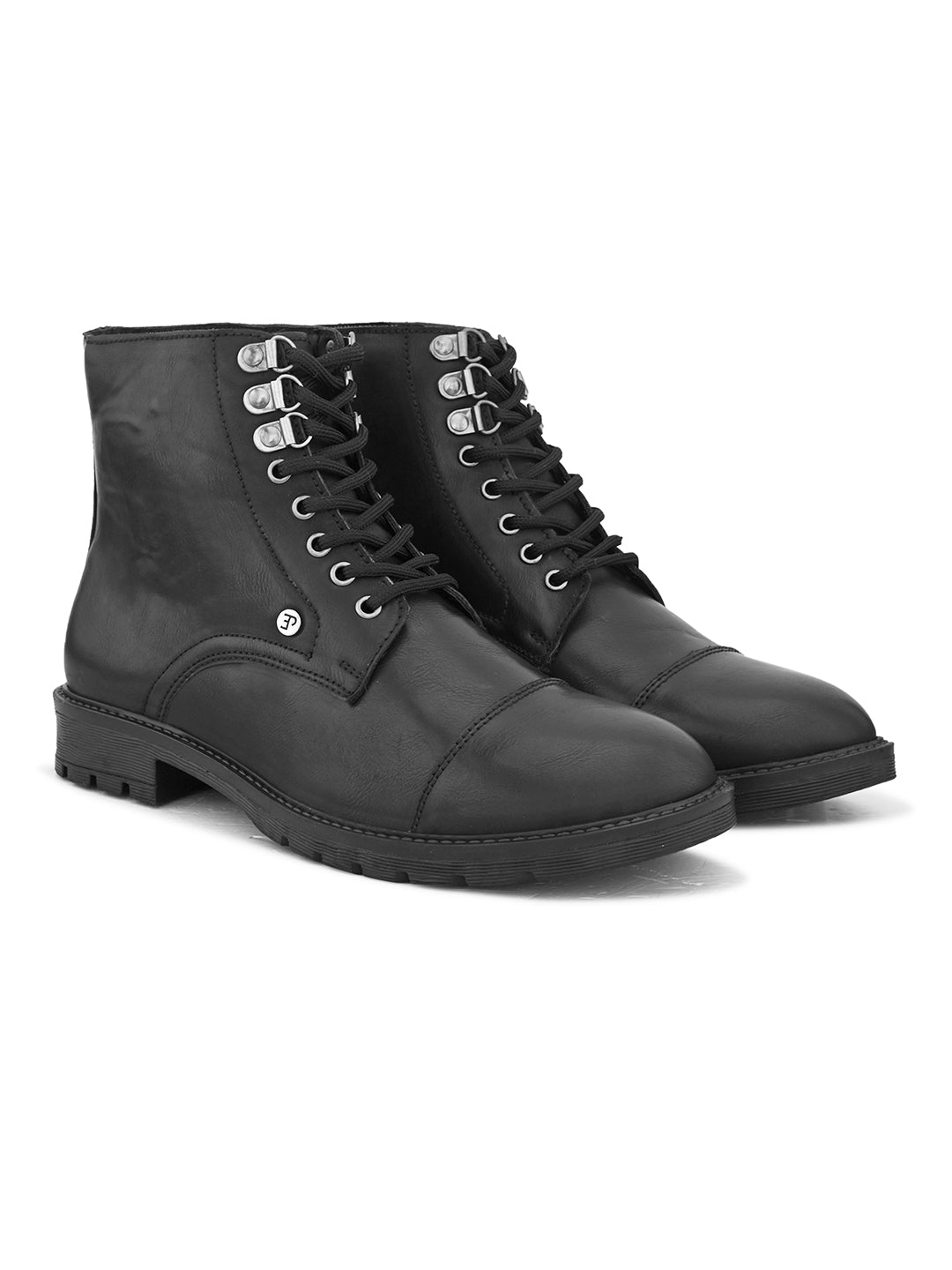 black lace up men boots with cap toe, silver eyelets, grooved rubber sole, and subtle brand logo near the ankle.