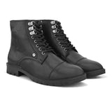 black lace up men boots with cap toe, silver eyelets, grooved rubber sole, and subtle brand logo near the ankle.