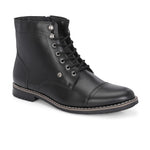 A black leather lace-up ankle boot with metal eyelets, stitched detailing, and a low heel.