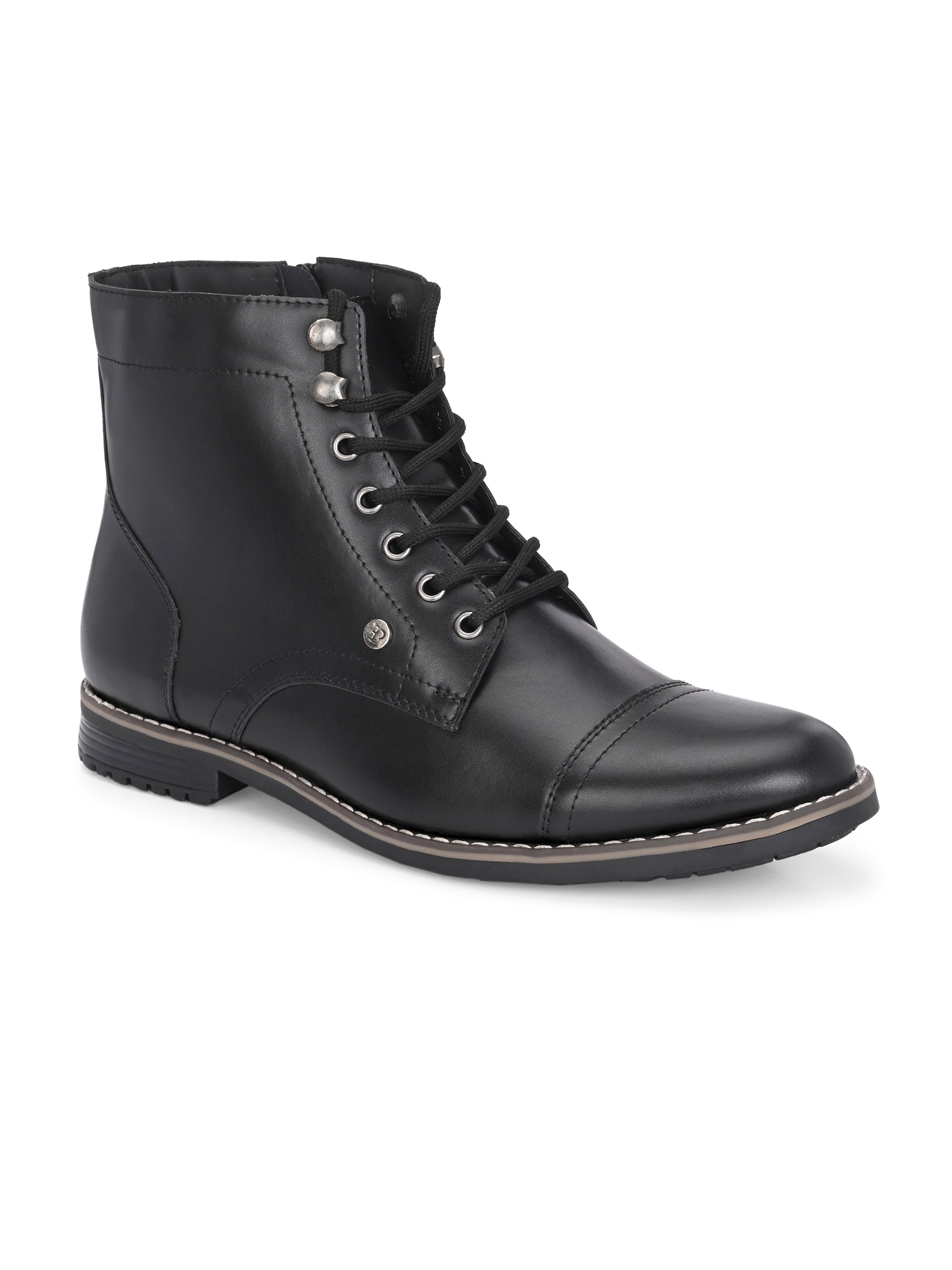 A black leather lace-up ankle boot with metal eyelets, stitched detailing, and a low heel.