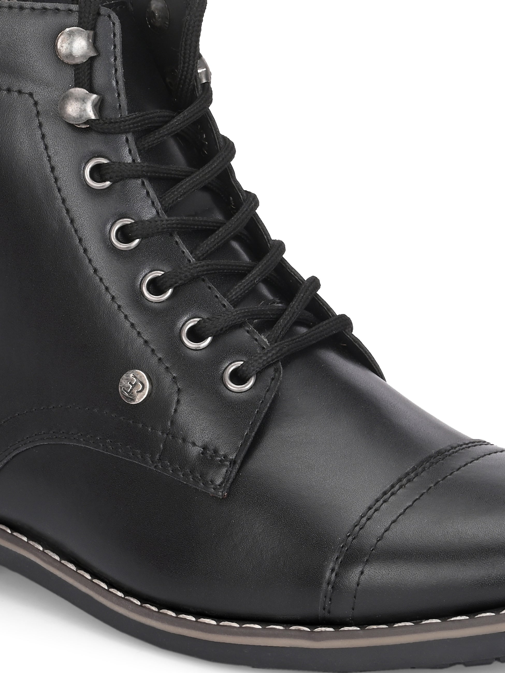 Men's black leather lace-up block-heeled boots with metal eyelets, stitched detailing, and a low heel.
