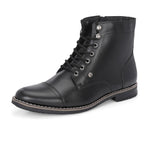 Men's black leather lace-up block-heeled boots with metal eyelets, stitched detailing, and a low heel.