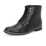 Men's black leather lace-up block-heeled boots with metal eyelets, stitched detailing, and a low heel.