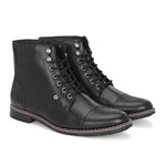 Men's black leather lace-up block-heeled boots with metal eyelets, stitched detailing, and a low heel.